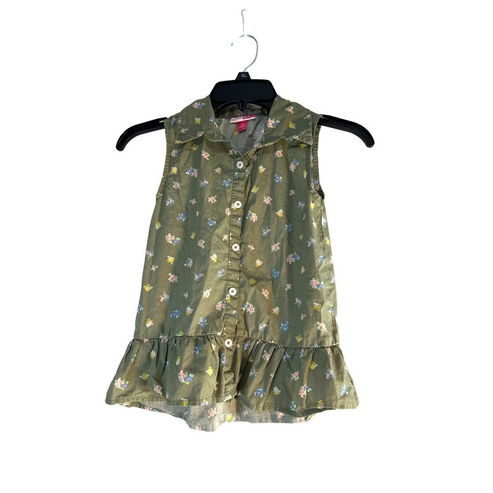 Penelope Mack Girls Top Green Floral Collar Button -Up Ruffle Hem Size 10 - Picture 1 of 6